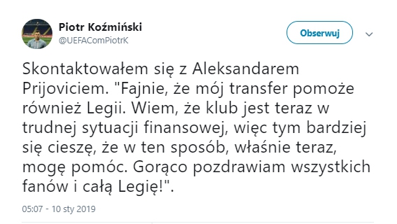 Prijović nie zapomina o Legii Warszawa!